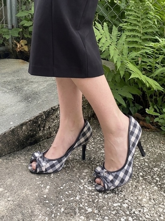 Unlisted by Kenneth Cole Shoes - Vintage Unlisted by Kenneth Cole Black & White Plaid Peep-Toe Heels with Bow